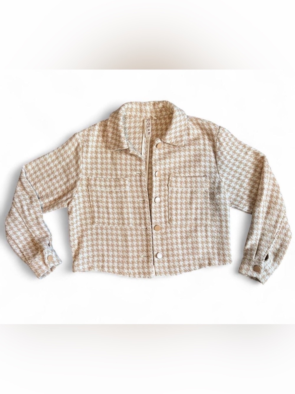 Anthropologie Dolan Beige & White Houndstooth Cropped Button Jacket